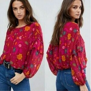 Free People Red Berry Wildflower Honey Ling Sleeve Flowy Boho Top Size Large